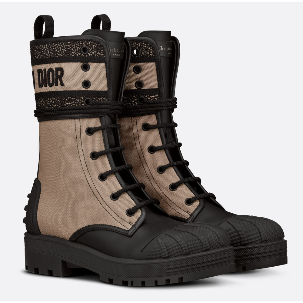 Dior D-Major Black Taupe Logo Military Combat Lace Up Tie Ankle Boots 38.5